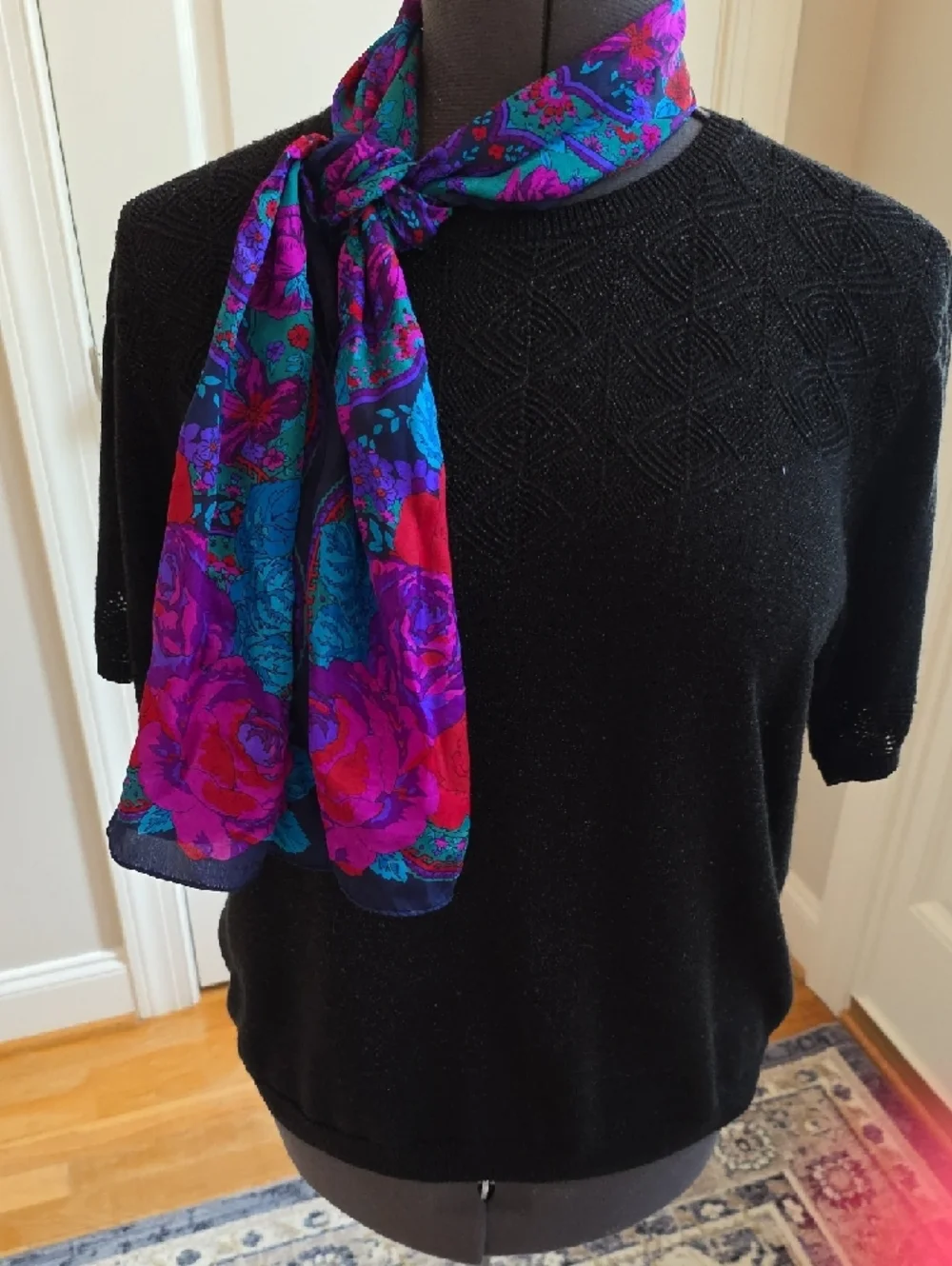 Vibrant Floral Teal and Purple Silk Vintage Scarf Circa 1980s